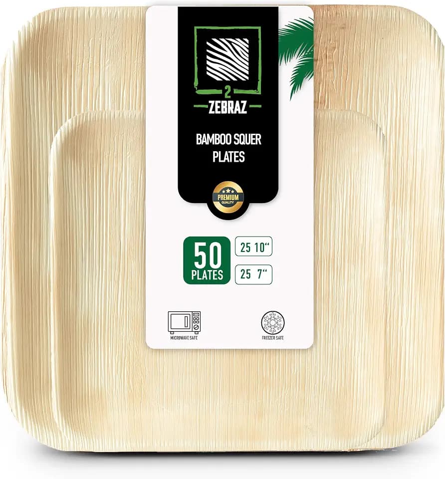 ZEBRAZ Disposable Bamboo Plates, 50-Pack, 10-Inch Dinner & 7-Inch