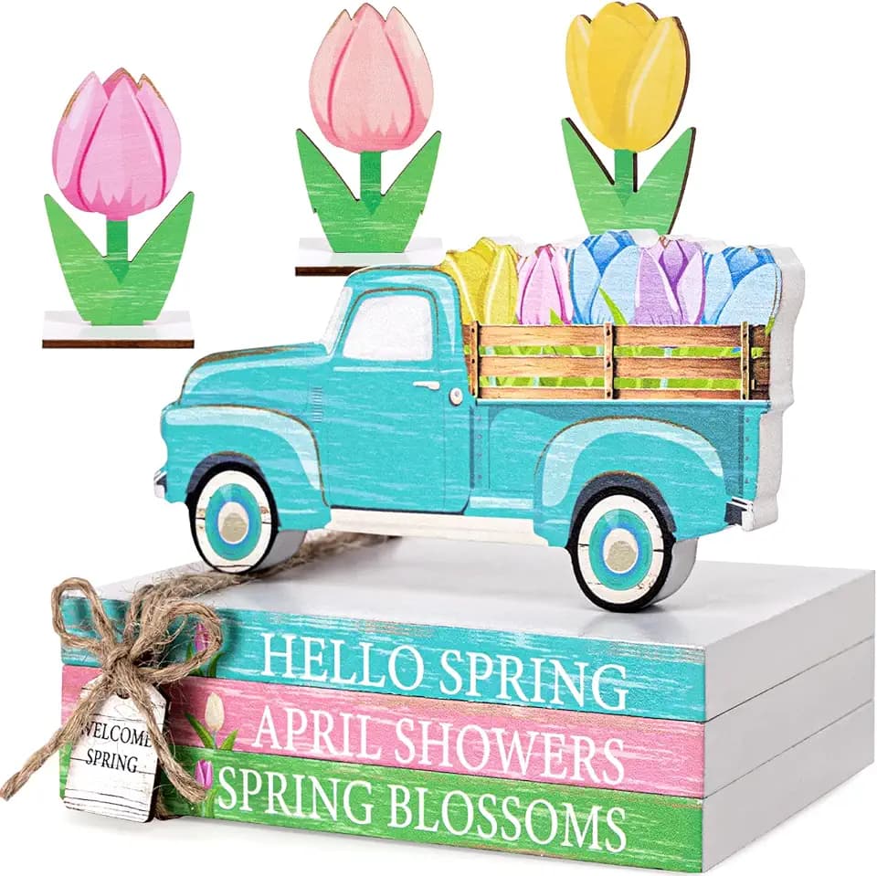 7PCS Spring Wooden Table Centerpieces Decorations for Home, Easter Tulip Tabletop Signs Tiered Tray Party Decor for Mantel