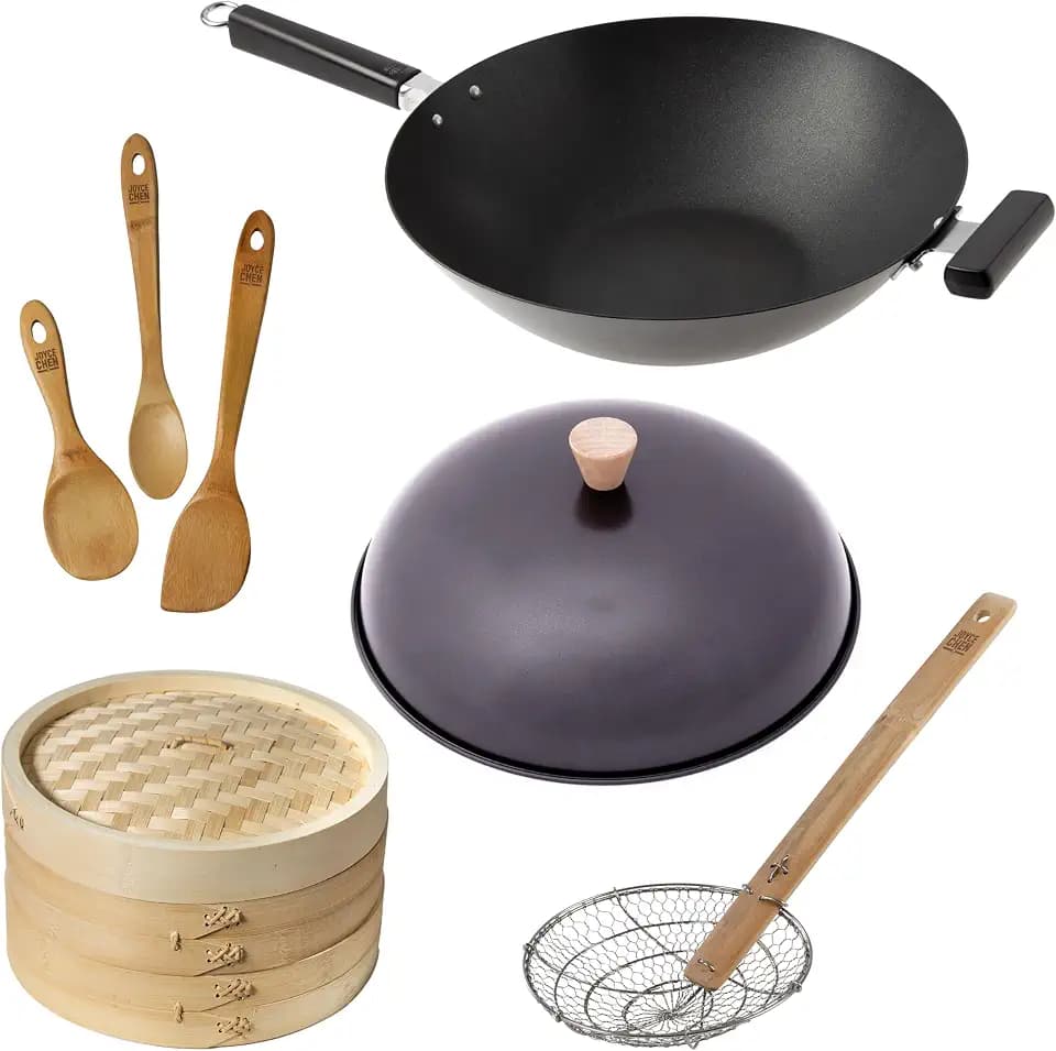 JOYCE CHEN Professional Series Uncoated Carbon Steel 14-Inch Wok 12-Piece PFAS Free Cookware Set (5 piece set)