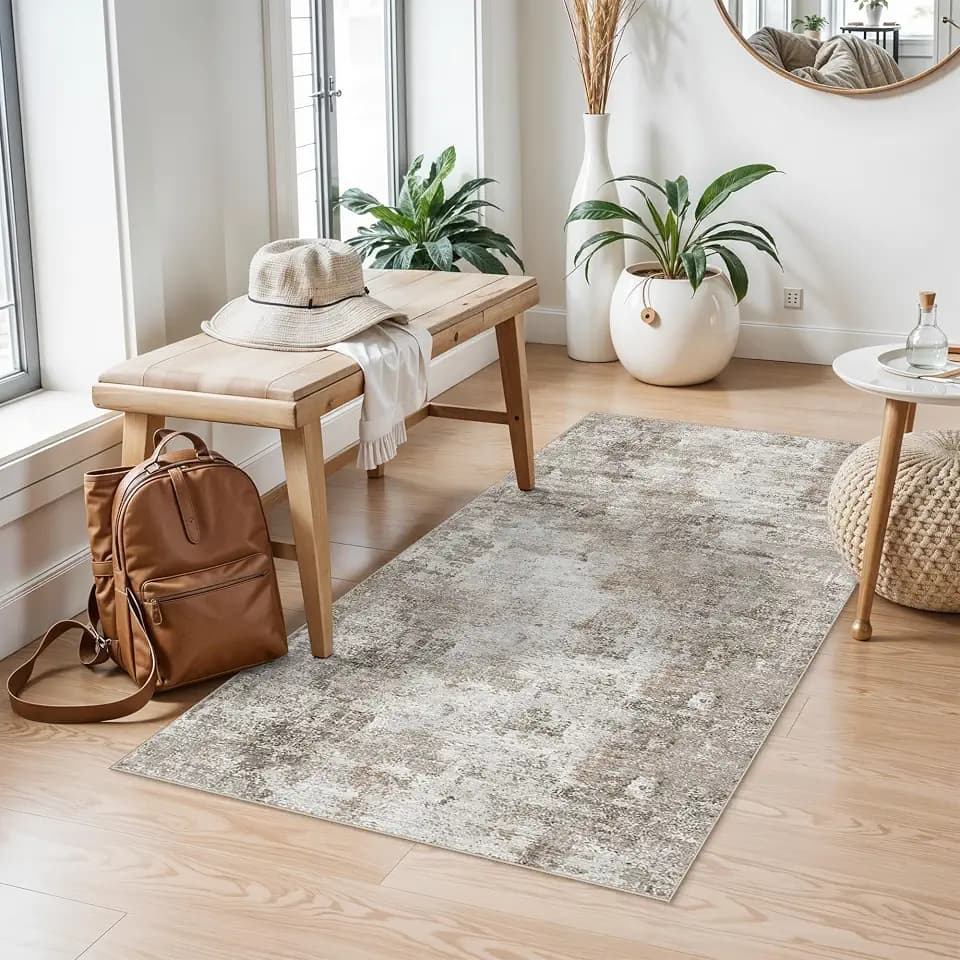 2x4 Washable Entryway Area Rug - Non-Slip Modern Small Indoor Mat for Bathroom,Living Room,Bedroom - Abstract Neutral Soft Low-Pile Throw Carpet with Rubber Backing (Beige Grey)