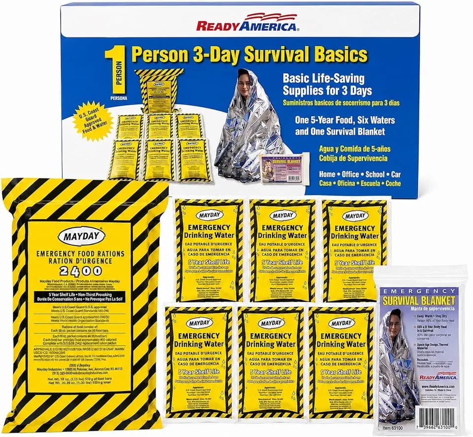 Ready America 3000 Survival Box 1-Person 3-Day, Food Water Blanket