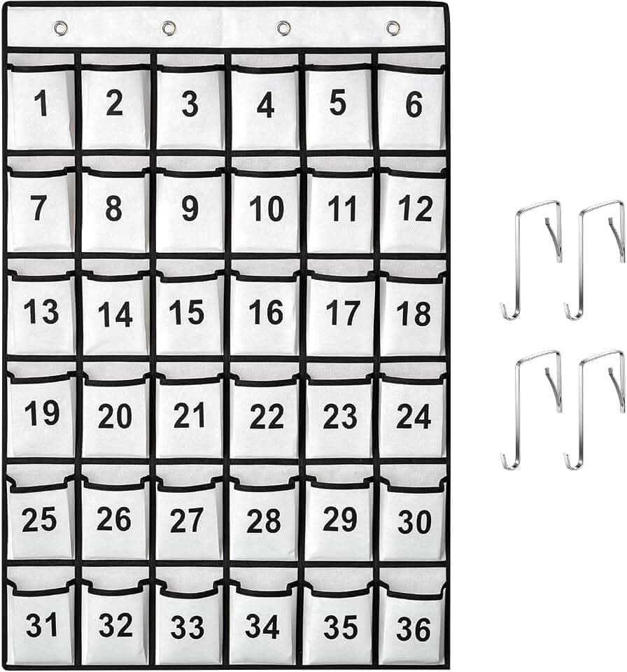 SAVERHO 36 Pockets Numbered Classroom Pocket Chart for Cell Phones, Hanging Pocket Chart Storage for Classroom Phone Calculator Holder with 4 Stainless Steel Hooks (White-36pockets)