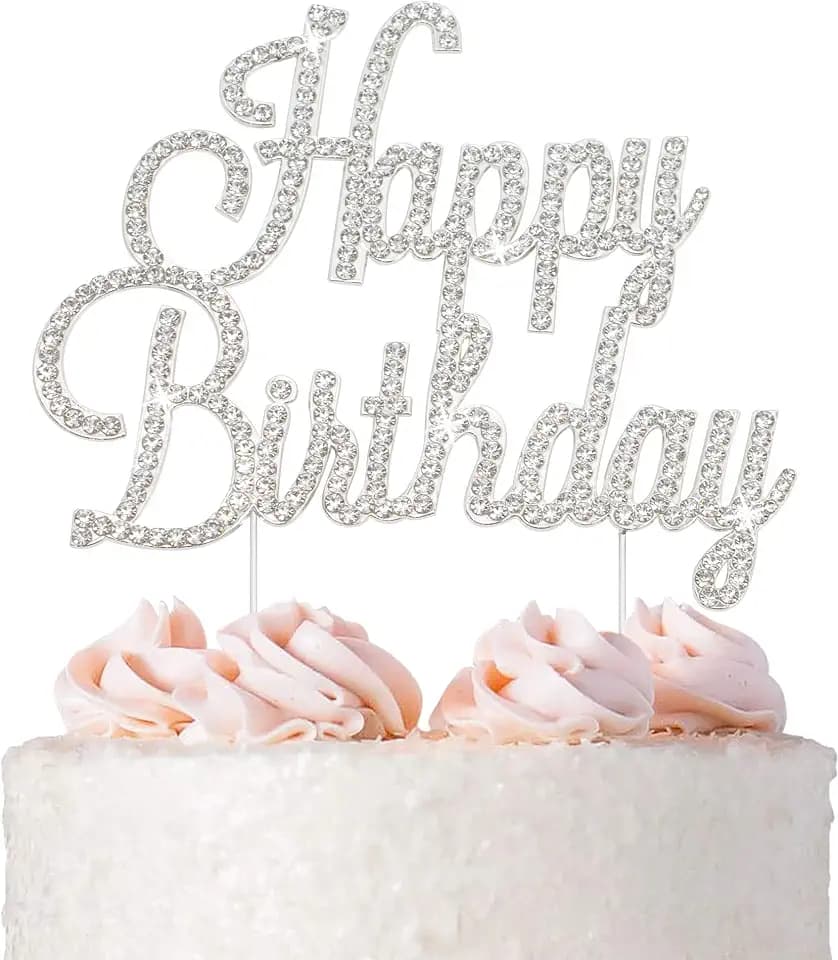 Happy Birthday Cake Topper - Silver Rhinestone