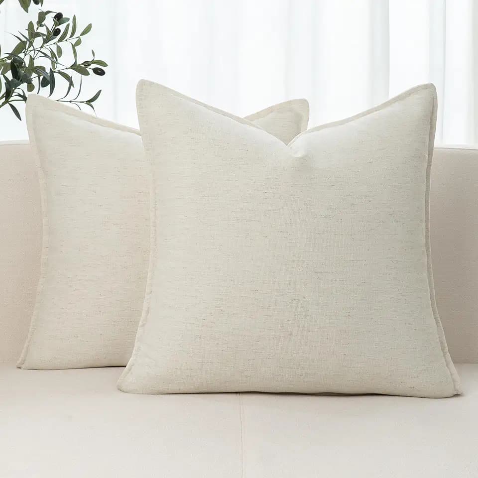 Chenille Linen Throw Pillow Covers 18x18 Set of 2, Thick Textured Boho Pillow Covers, Farmhouse Decorative Pillow Covers, Neutral Vintage Accent Covers for Couch Sofa Bed, Cream White