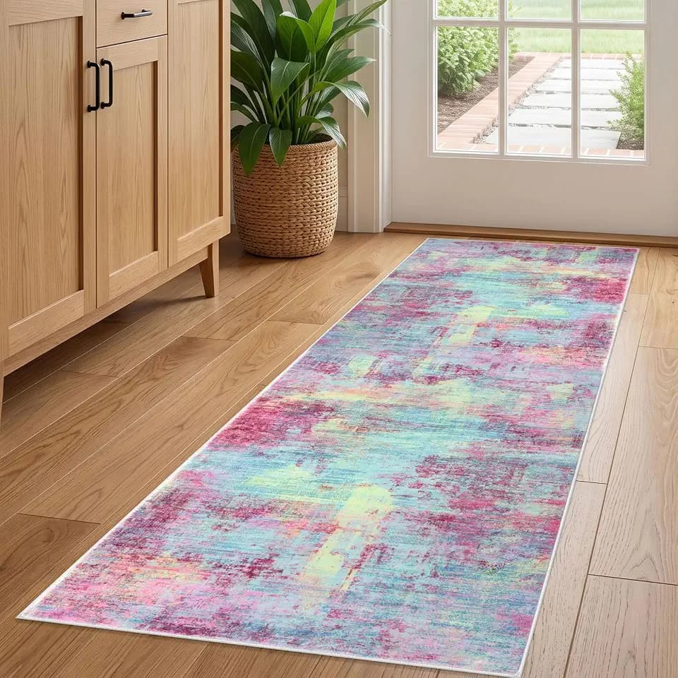 IOHOUZE Abstract Runner Rug 2x5 Ft Washable Runners for Hallways, Non Slip Kitchen Runner Printed Faux Wool Entryway Runner Indoor, Modern Abstract Floor Carpet for Hall Kitchen Bedroom, Pink Teal