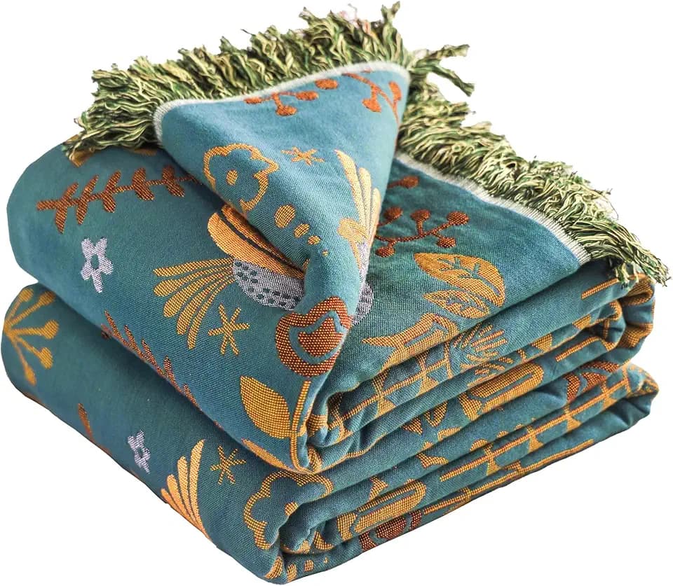VANJOROY Boho Large Throw Blanket for Bed, 100% Muslin Cotton Soft Breathable Throw-Floral Bird Rustic Decor Blanket for Couch Sofa Quilt and Gift, 60" x 80"-Teal/Beige
