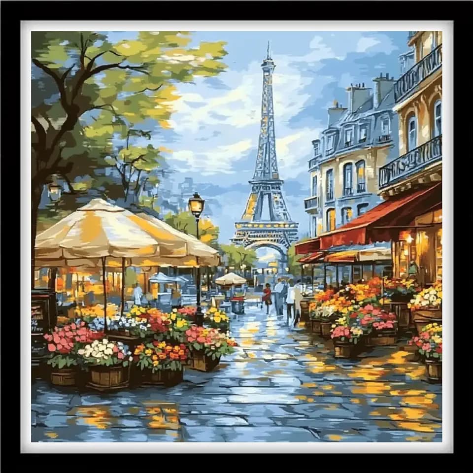 Fanxvivy Counted Cross Stitch Kits for Adults 11CT Unprinted Cross-Stitch Patterns Embroidery Kits Easy Cross Stitching Needlepoint Kits&Flower Street Tower at Dusk 18x18 inch