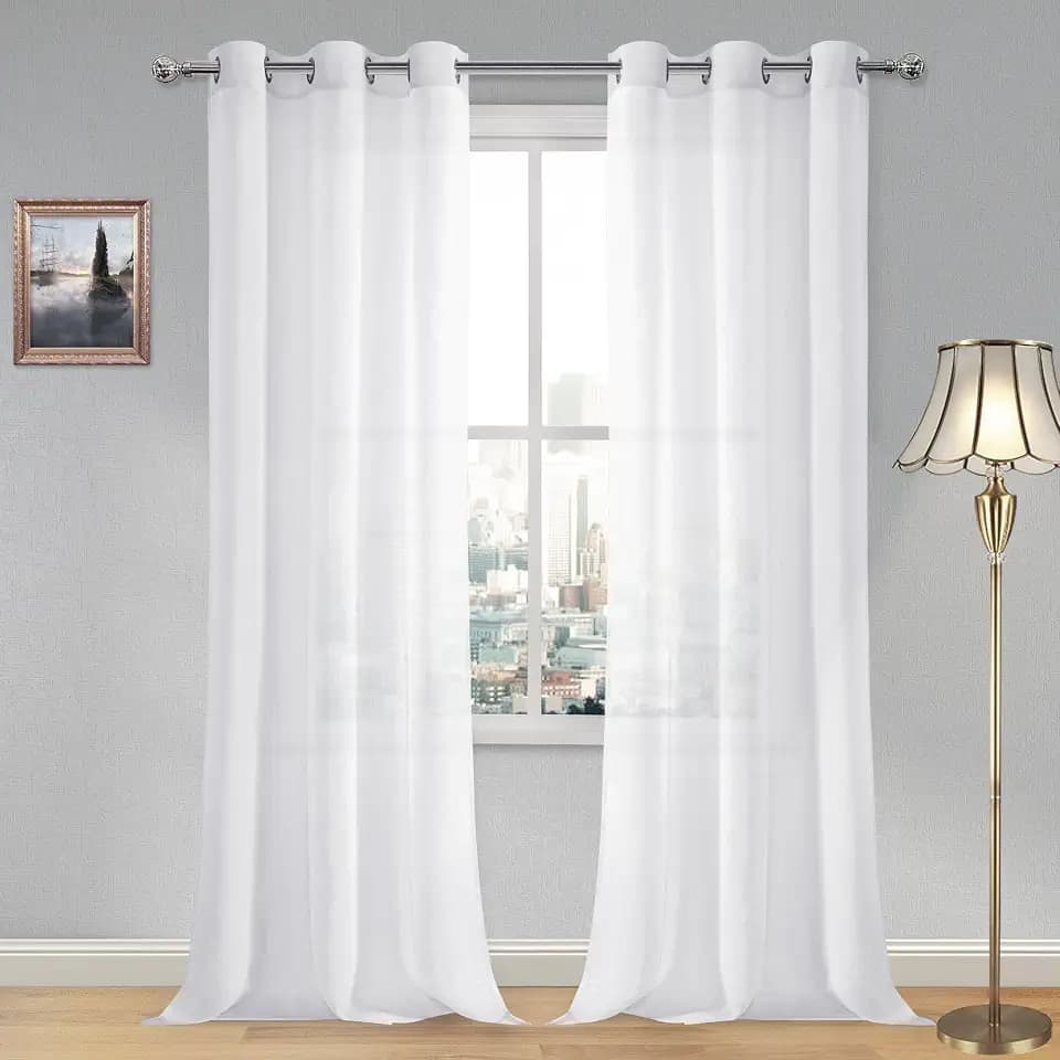 DWCN White Sheer Curtains, Grommet Top Faux Linen Look Voile Semi Transparent Solid Window Sheer Curtains Drapes for Bedroom Living Room, Set of 2 Panels 46 x 95 Inch Long, White