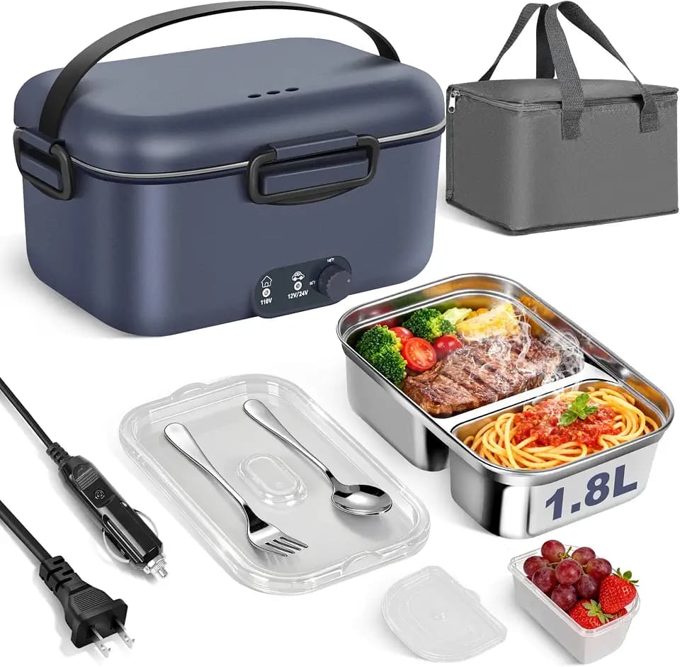 Electric Lunch Box Food Warmer 1.8L - 100W Mechanical Temperature Control Heated Lunch Box for Adults, 12V/24V/110V Fast Heating Lunchbox Food Heater for Work/Car/Truck, Fiambrera eléctrica portátil
