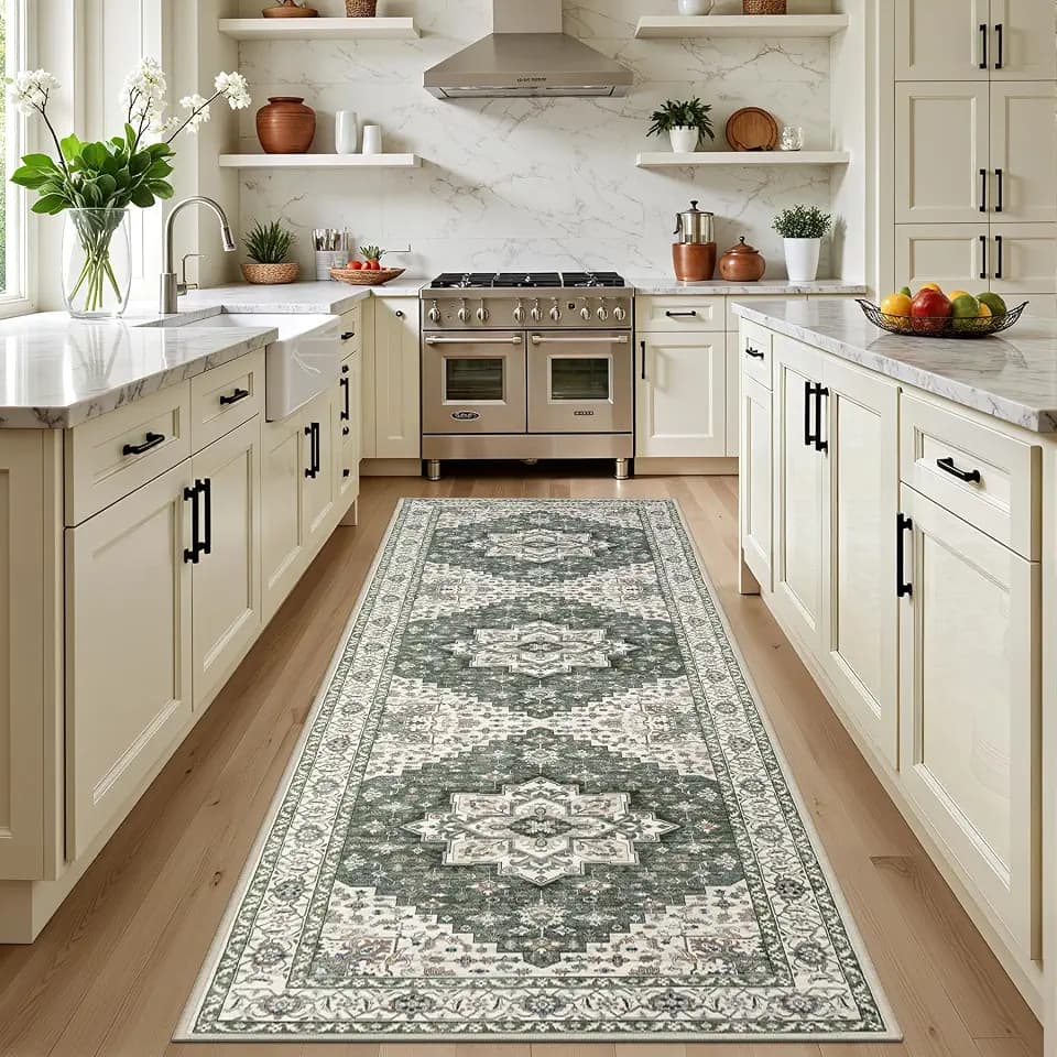 Hallway Runner Rug: 2.6x8 Kitchen Rugs for Living Room Green Ivory