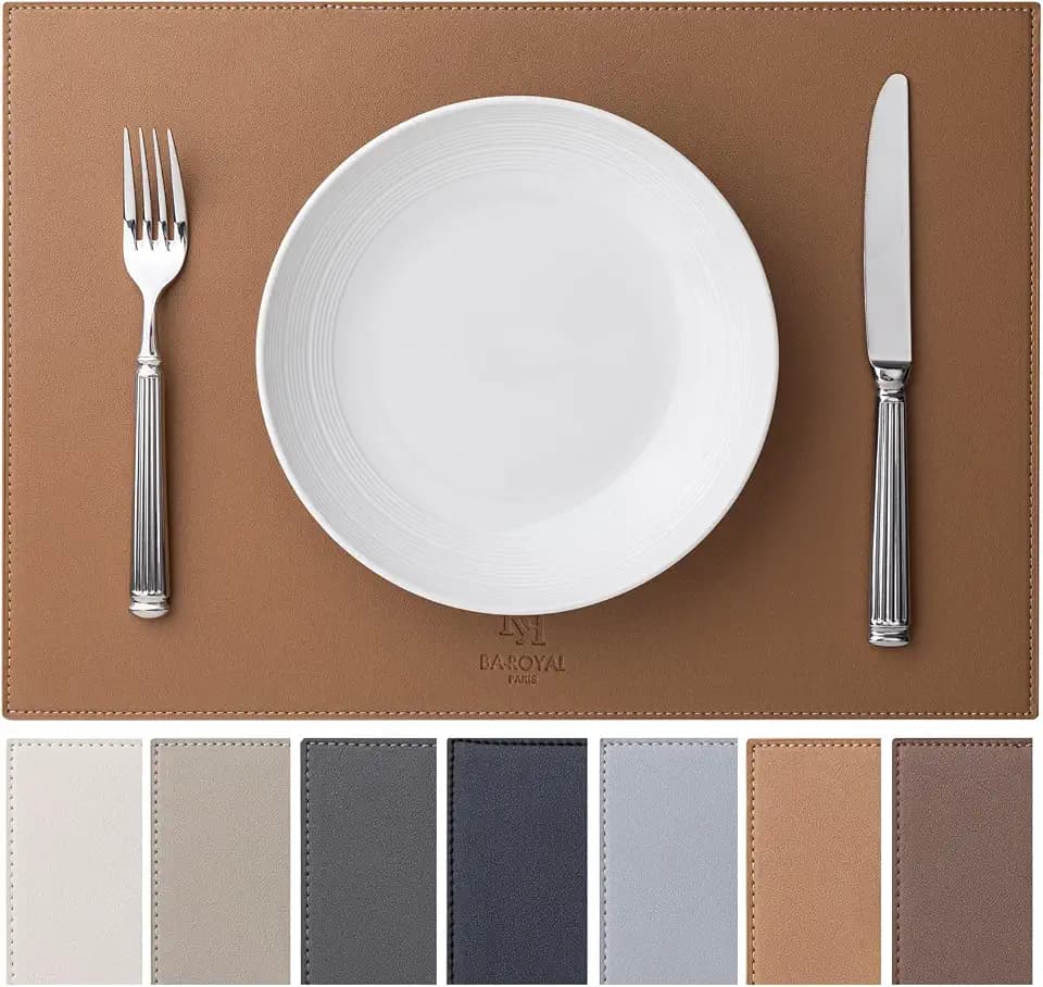 Baroyal Faux Leather Placemats Set of 6 Vinyl Washable Wipeable Table Mats for Kitchen Dining Table Heat Resistant Waterproof Indoor/Outdoor Placemats Non-Slip Easy Clean Place Mats (British Khaki)