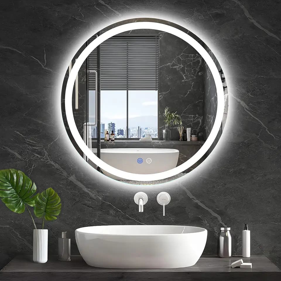 TATU 24 Inch LED Round Lighted Mirror, Bathroom Backlit Vanity Mirror Wall Mounted with 3000K/4000K/6000K Adjustable, Anti-Fog, Smart Touch Button, Stepless Dimmable Lighted Makeup Mirror