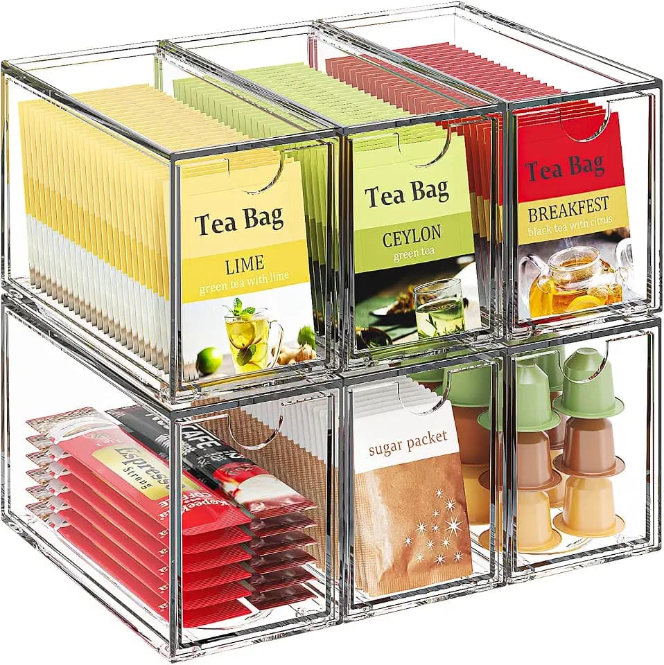 6 Pack Clear Stackable Tea Bag Organizer, Acrylic Drawer Teabag Holder
