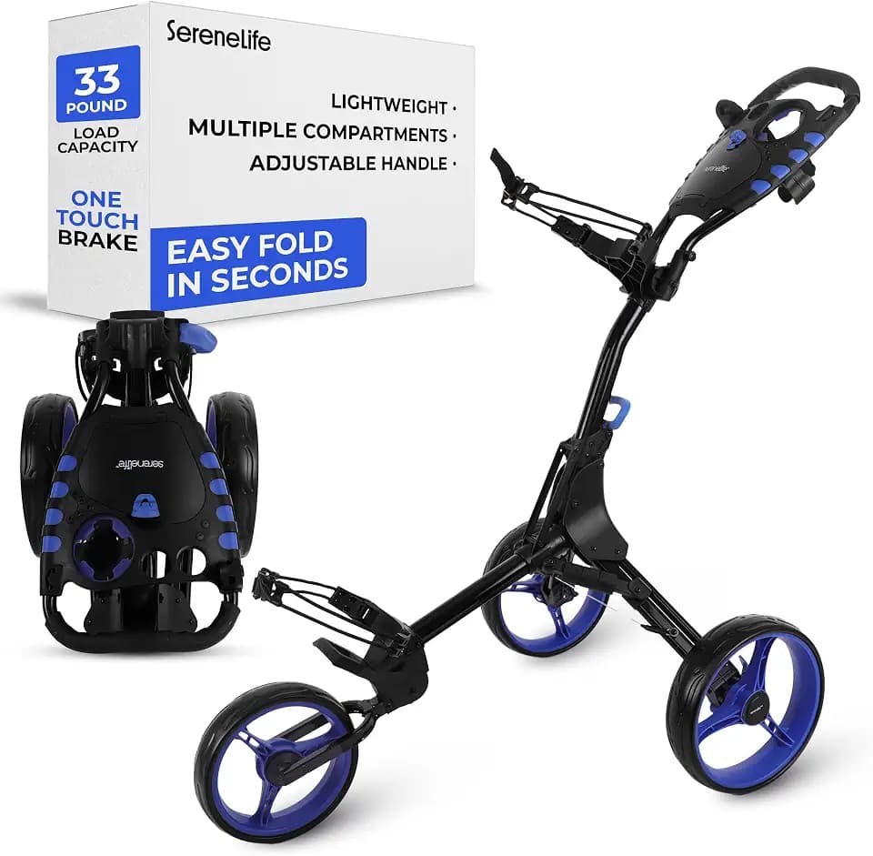 SereneLife 3-Wheel Golf Push Cart – Foldable, Adjustable Handle, Brake