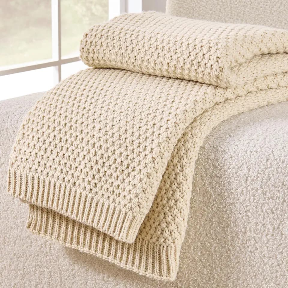 Beige Throw Blanket, Moss Knit, 50" x 60", Ivory Beige