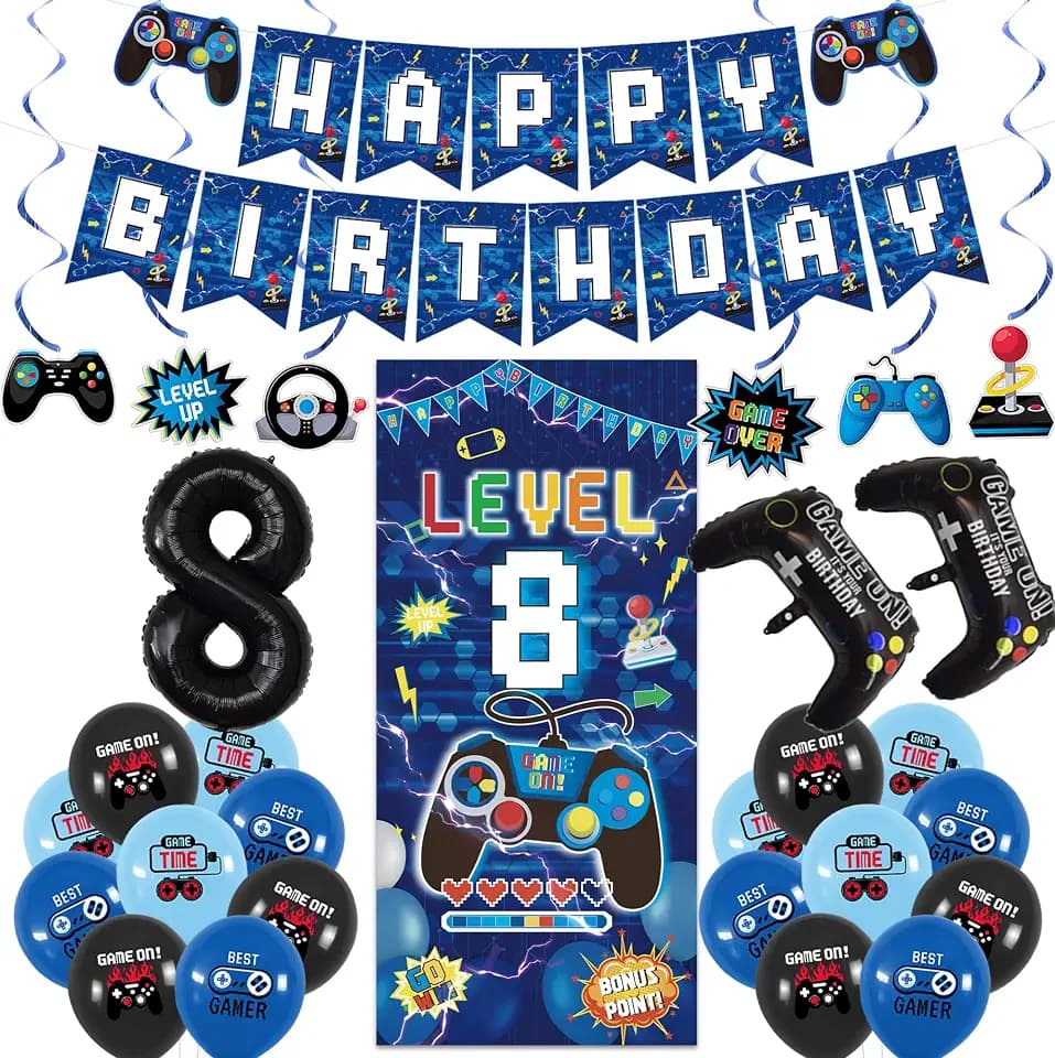 Vlipoeasn Blue 8th Birthday Decorations for Boys, Video Game Level 8 Banner Backdrop Hanging Swirls for 8th Birthday Party, Gamer 8 Years Old Party Supplies