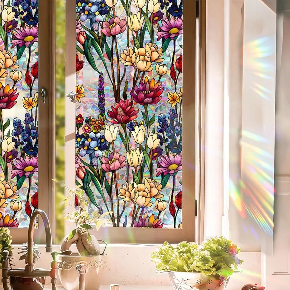 Window Privacy Film, Stained Glass Rainbow Cling, 17'' x 78.74''