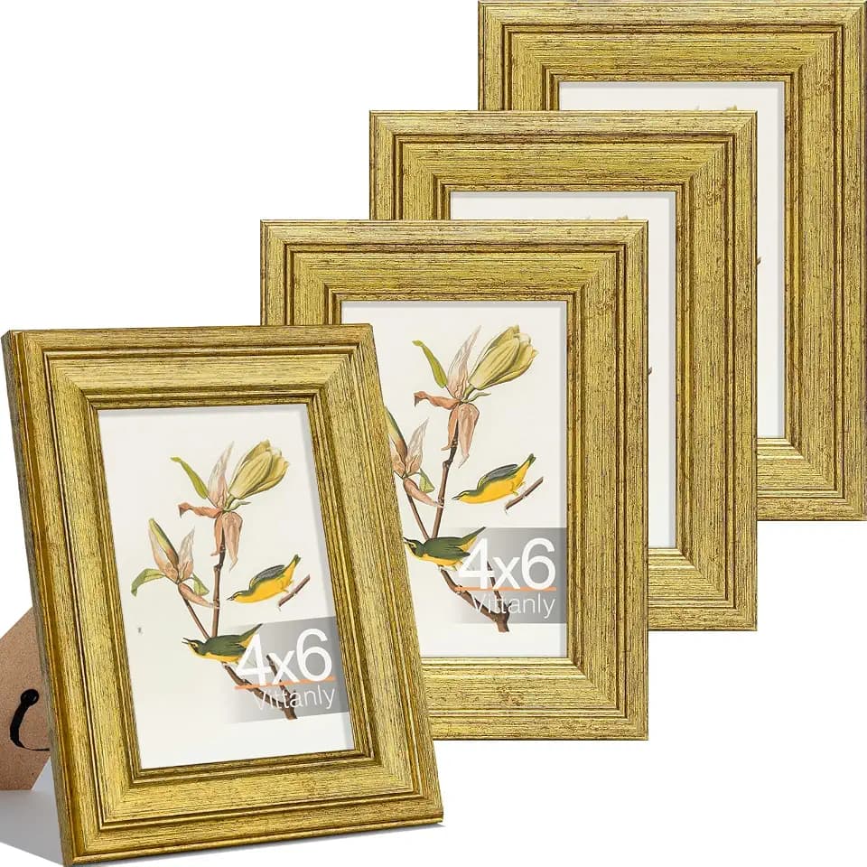 Vittanly 4x6 Picture Frames Set of 4, Vintage Photo Frames, Gold
