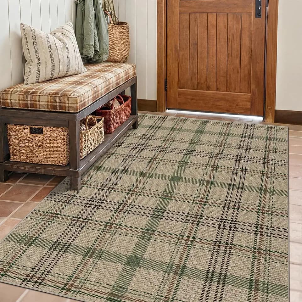 JTJ Easy Jute Plaid Rug 4x6, Beige & Sage Green, Washable Outdoor Rug