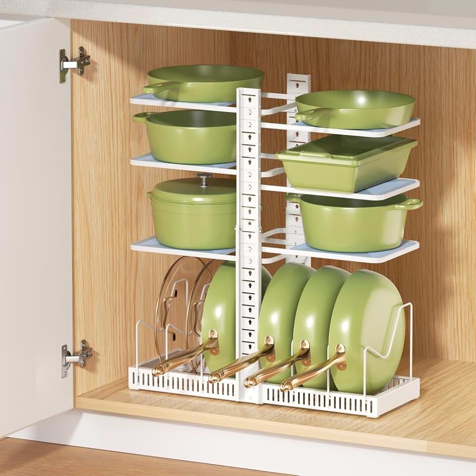 LAMU Pots and Pans Organizer under Cabinet, Kitchen Storage Rack, White