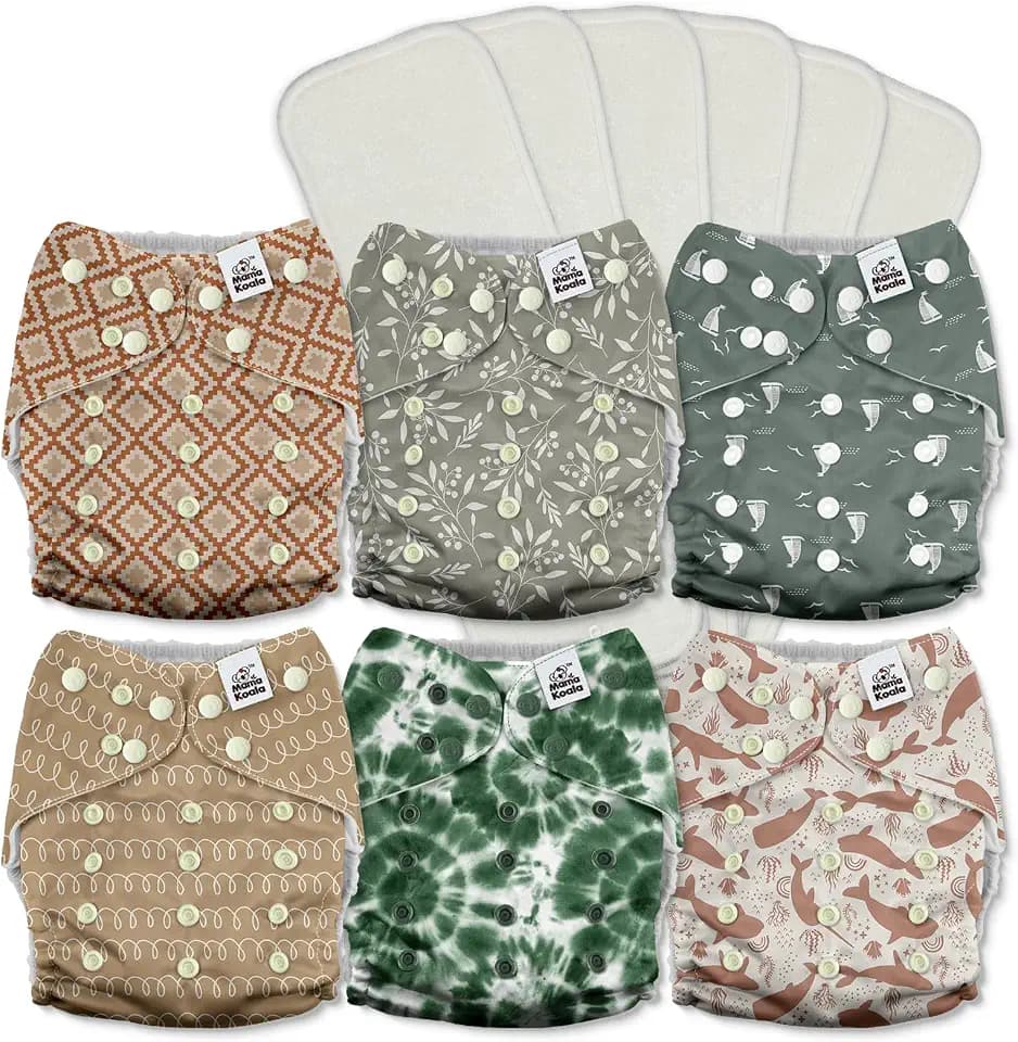 Mama Koala 3.0 Pocket Cloth Diapers for Babies with AWJ Lining, 6 Pack with 6 5-Layer Natural Cloth Diaper Inserts - Reusable and Washable Pocket Diapers(A-Calm Spring)