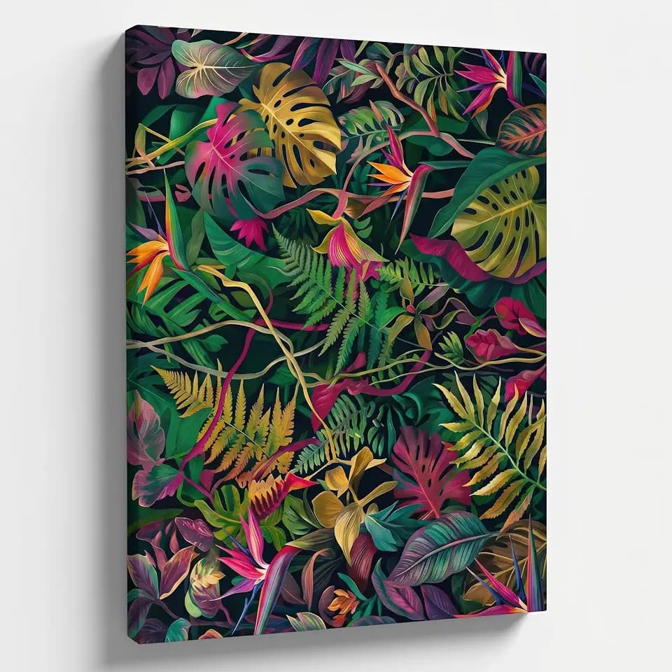 ICE ARMOR Tropical Botanical Wall Art 24x36 Inch Frameless Canvas Print, Colorful Jungle Leaves Floral Artwork, Modern Exotic Plant Decor with Monstera Palm Banana Leaves for Living Room Bedroom Office Home Decoration Ready to Hang