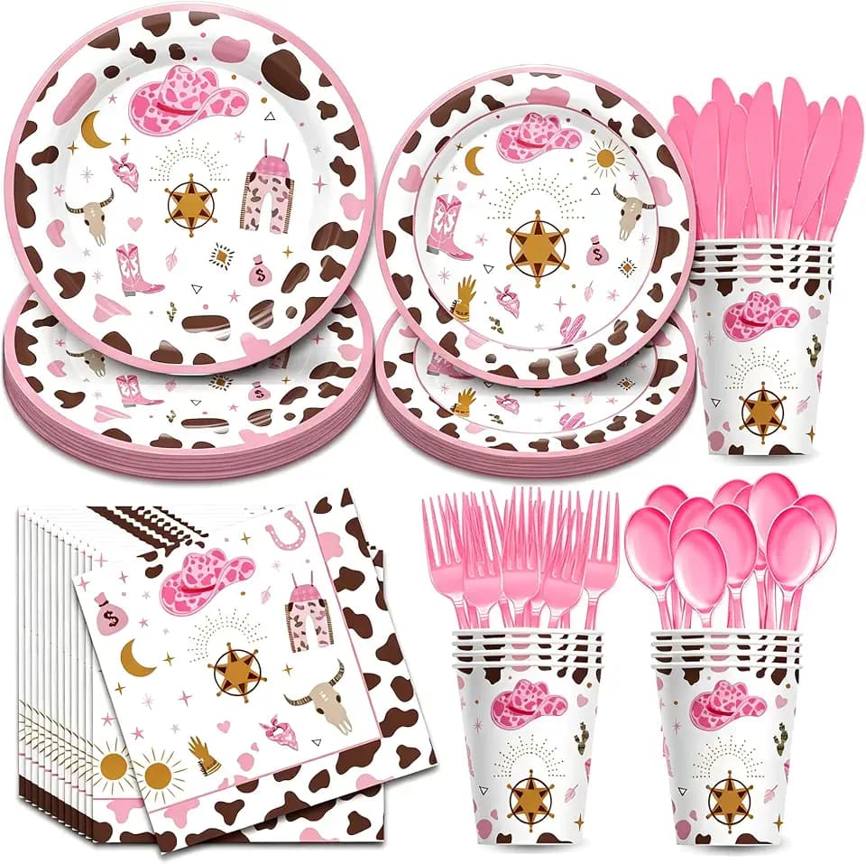 168pcs Western Cowgirl Party Decoration Tableware - Hot Pink Birthday Party Supplies Include Plate, Napkin, Cup, Cutlery, Wild West Cowgirl Theme Party Decorations Dinnerware | Serve 24