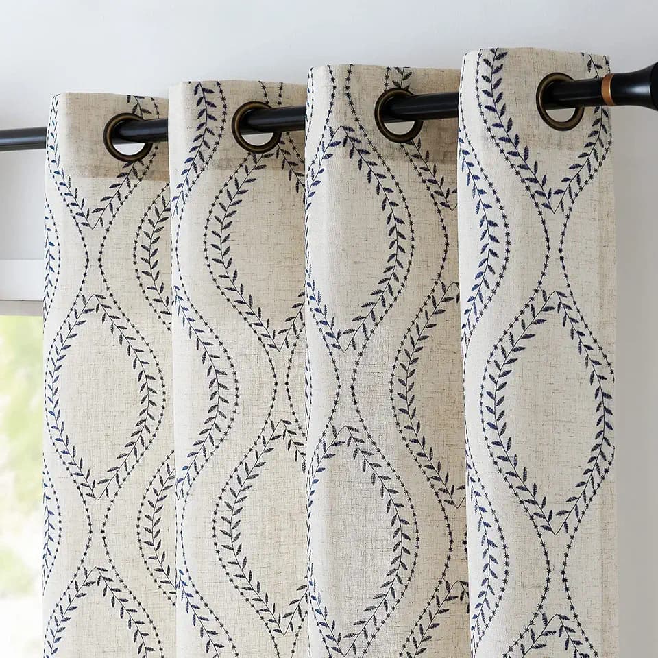 jinchan Boho Linen Curtains 63 Inch Blue on Beige Grommet 2 Panels