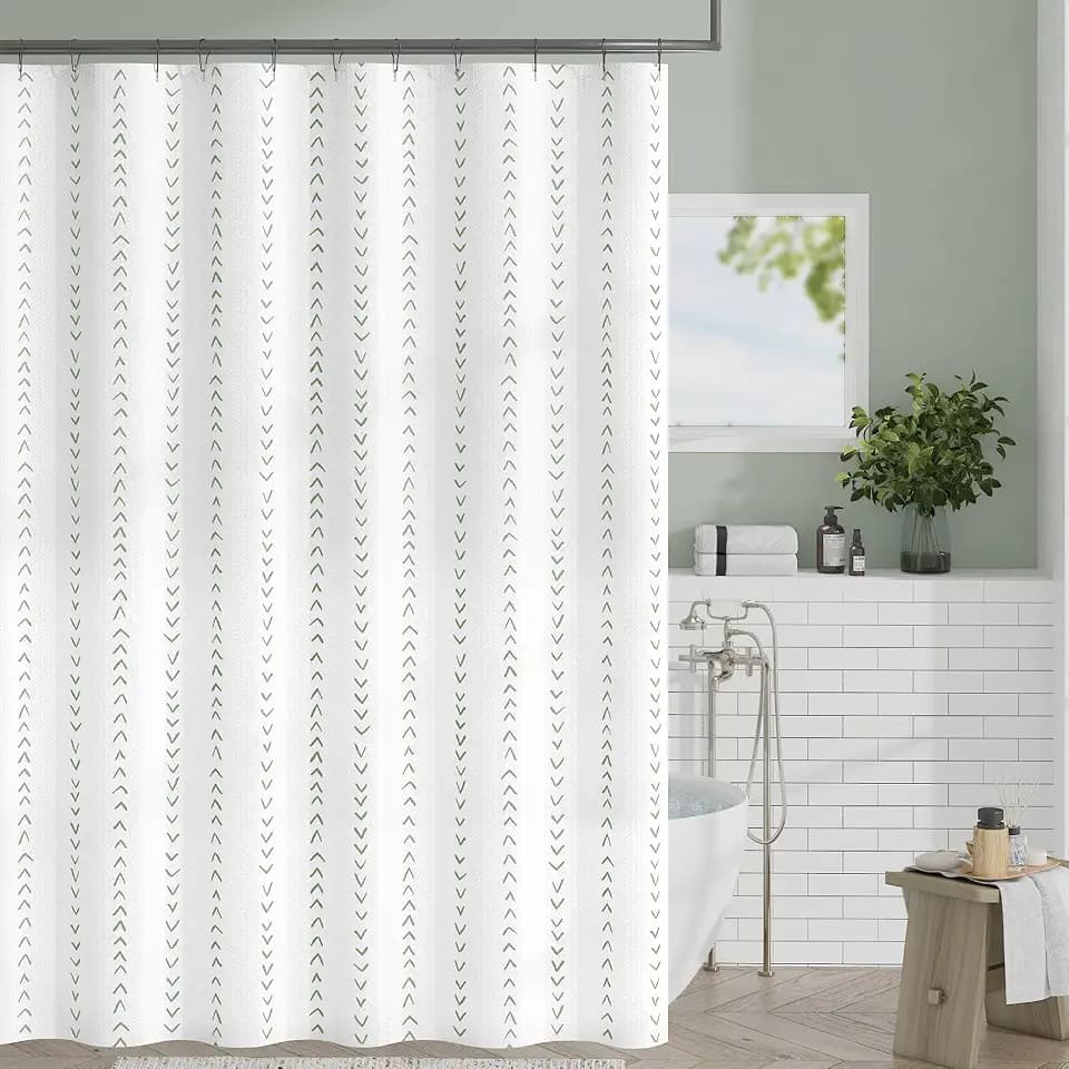 jinchan Green and White Boho Shower Curtain Herringbone Zig Zag Waterproof Fabric Bohemian Modern Farmhouse Arrow Geometric Shower Curtains for Bathroom with 12 Hooks 70x72 Inches