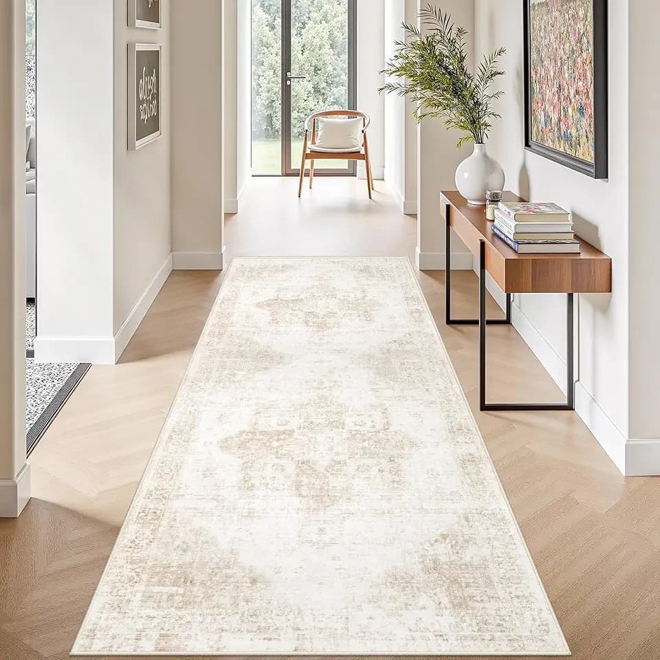Runner Rug 2x6 Washable Rug, Vintage Boho Medallion Hallway Runner Non-Slip Soft Low Pile Distressed Floor Carpet Retro Doormat for Kitchen Bedroom Laundry Entryway Bathroom (Beige, 2'x6')