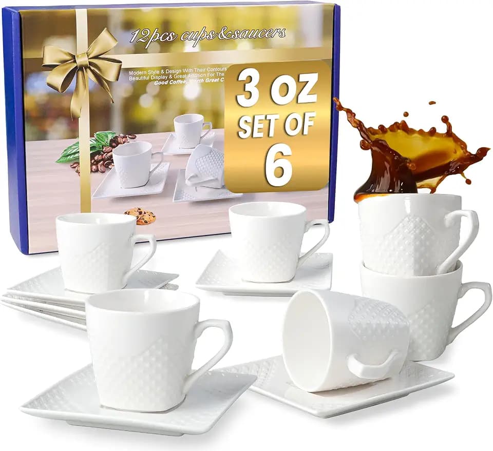 FUOCCI Turkish Coffee Cup Set of 6, Espresso Cups & Saucer, 3 oz Porcelain