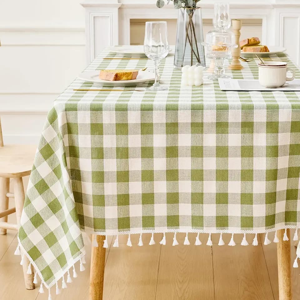 JIALE Gingham Tablecloth Square Cotton Linen Fabric Checkered Table Cloth with Tassel Washable Wrinkle Free Buffalo Plaid Table Cover for Outdoor Party Picnic Kitchen Dining, Green, 55x55