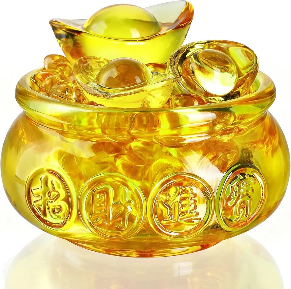 YU FENG 4.7 Inch Crystal Wealth Bowl with Gold Ingots, Fortune Decor
