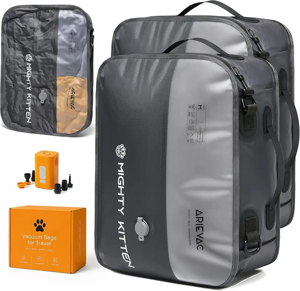 IKYWT Travel Vacuum Seal Bag with Pump, 21L Compression Packing Cube Kit with 270° Zipper, Reusable Waterproof Vacuum Storage for Carry-On & Small Checked Luggage (2-Pack)