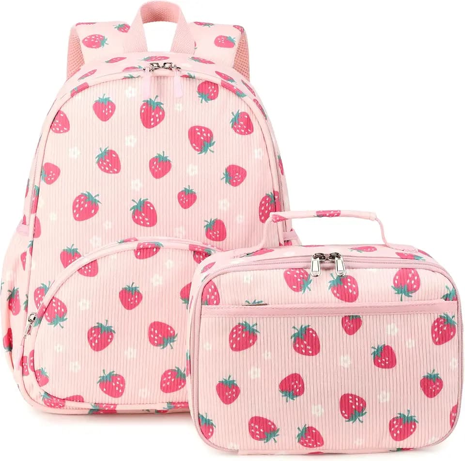 LOIDOU Kids Backpack with Lunch Box Set, Toddler Preschool Boy Backpack with Chest Strap Kindergarten Backpack LunchBox Combo (Strawberry)