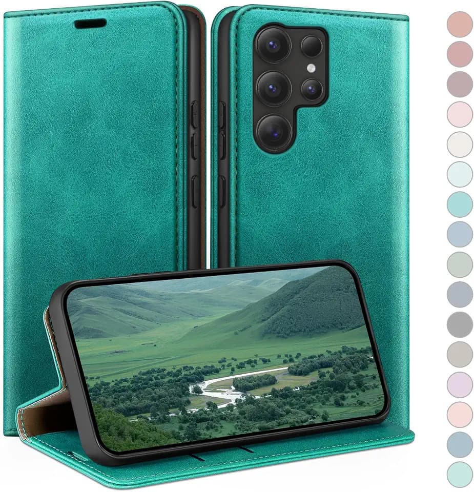 HUOUH für Samsung Galaxy S25 Ultra Hülle mit RFID Schutzhülle aus Lederhülle Handyhülle,Kartenfach Leder ständer Handy hülle,360 grad Schutz Cover für Samsung S25 Ultra Klapphülle Wallet Case Blaugrün