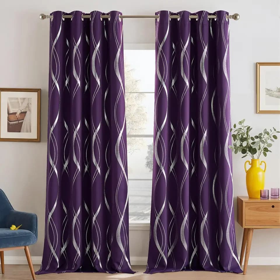 NICETOWN Royal Purple Blackout Curtains 84 inch Long Wave Line Foil Print
