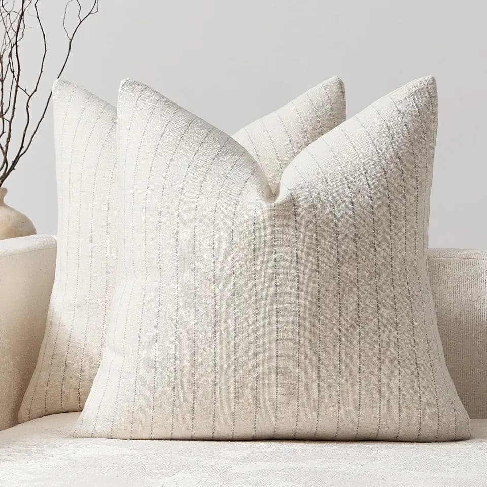 DEZENE Pack of 2 Linen Striped Throw Pillow Covers 18x18 Neutral Couch Pillow Cases Farmhouse Decorative Square Accents for Living Room Sofa Bedroom, Grey