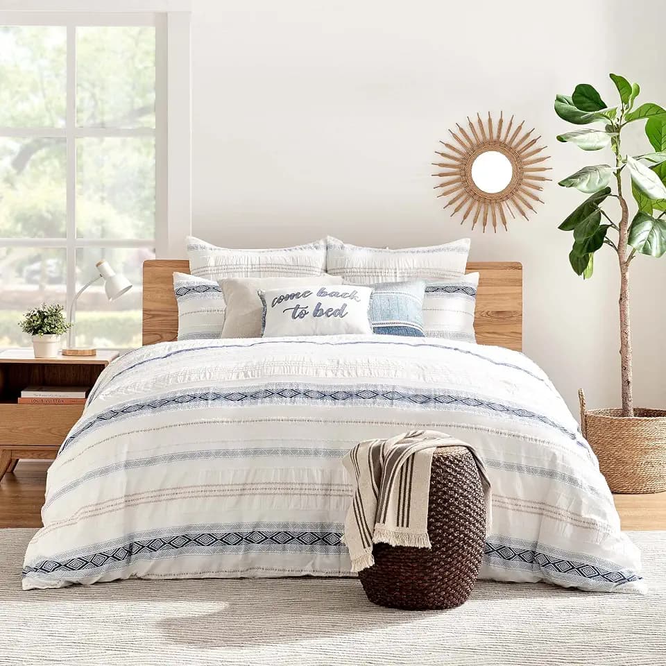 Levtex Home - Pickford Duvet Cover Set - King Duvet Cover + Two King Pillow Cases - Blue, Taupe, Off-White - Jacquard Tribal - Duvet Cover (106 x 94in.) and Pillow Case (36 x 20in.) - Cotton