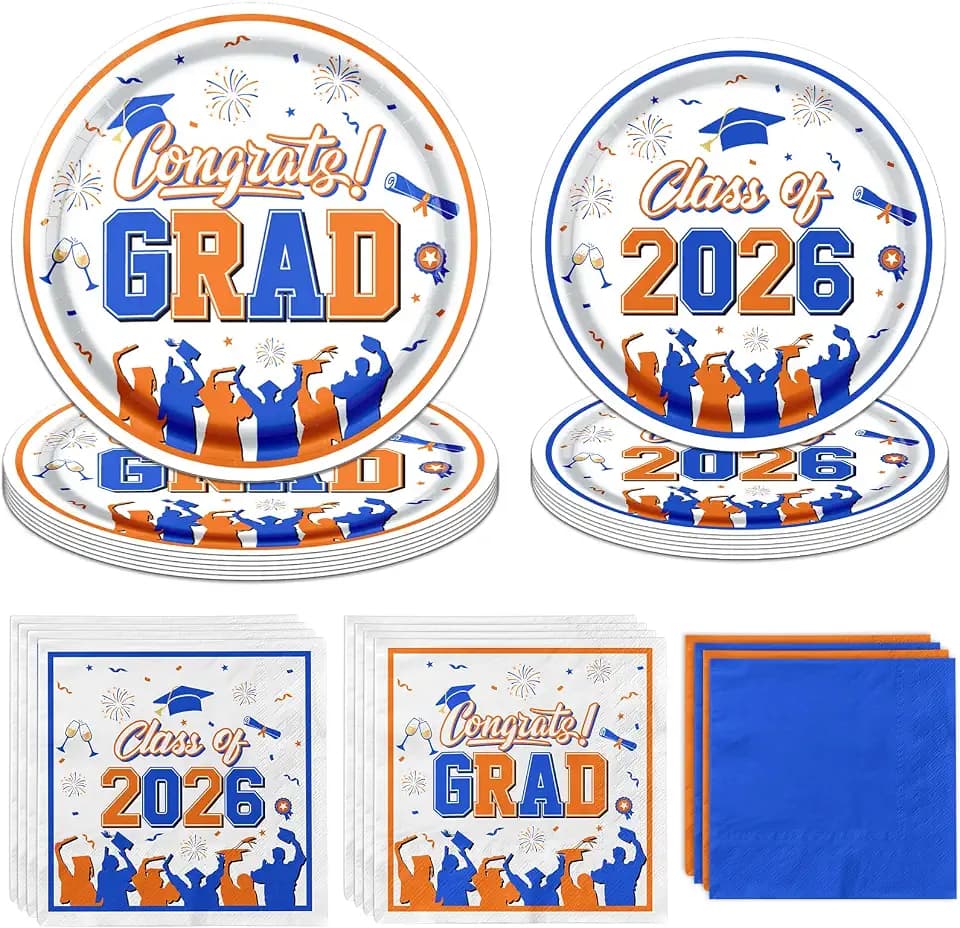 Graduation Plates and Napkins, Serve 50, Blue and Orange Graduation Decorations Paper Plates Napkins, Congrats Grad Party Dinnerware Set for Graduation Decorations Class of 2026 Orange and Blue