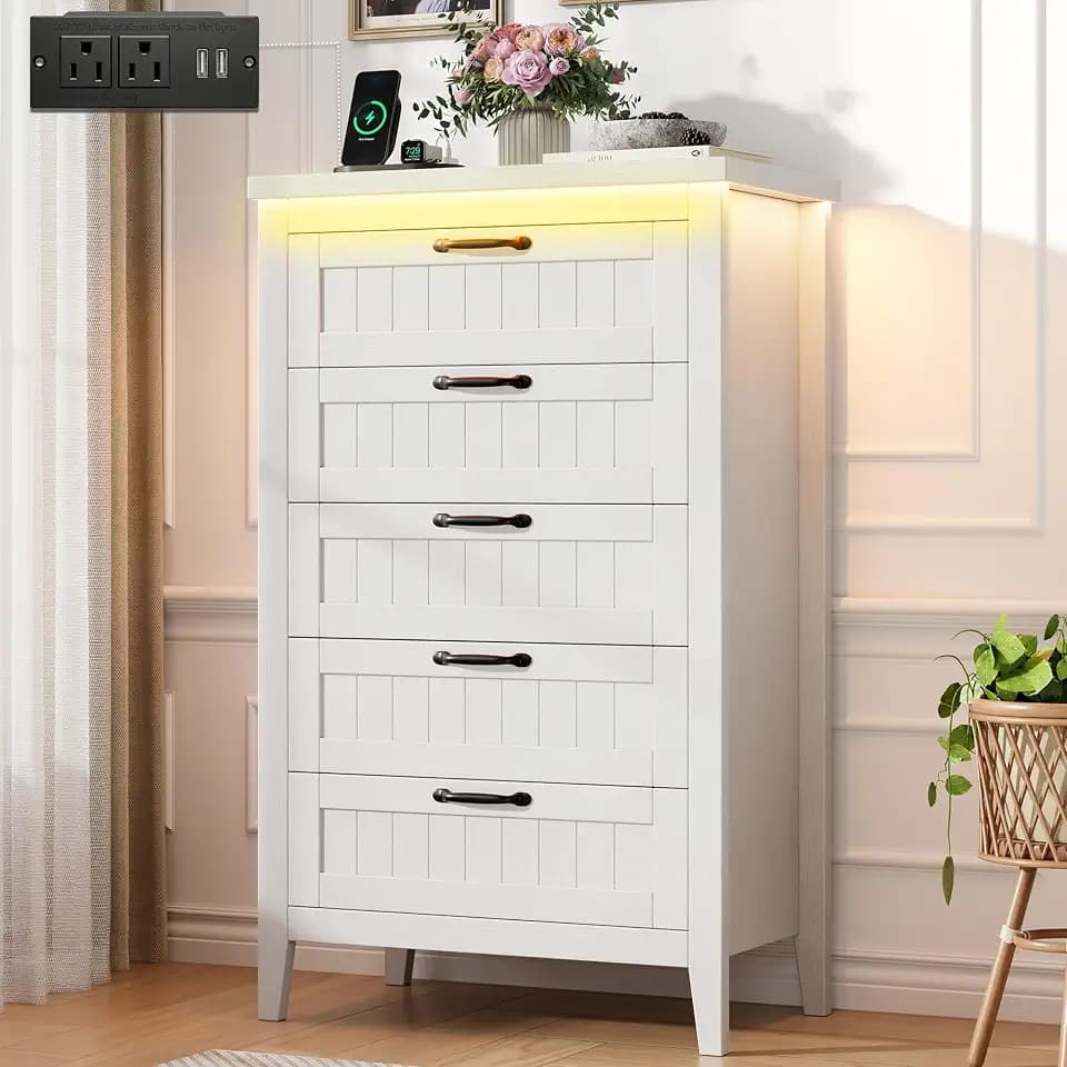 GarveeHome 5 Drawer Dresser with Charging Station and LED