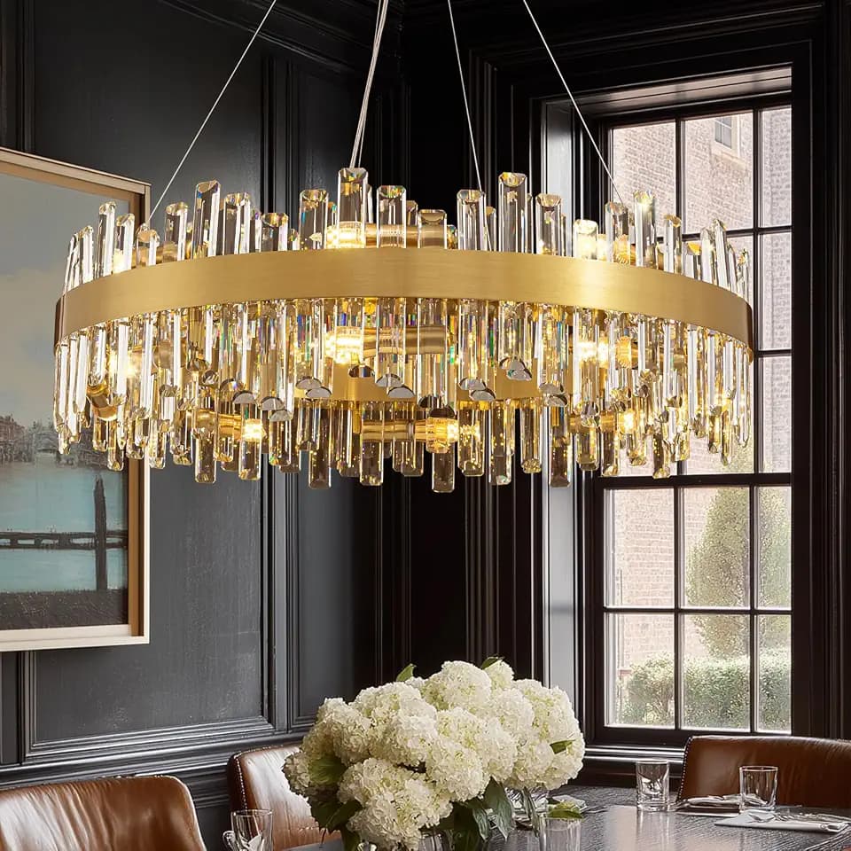 Luxury Large Gold Crystal Chandelier, 31.5-Inch 16-Light 2-Tier K9 Crystal Raindrop Chandelier, Round E12 Ceiling Light Fixture for Dining Room, Living Room, Foyer, Kitchen & Bedroom