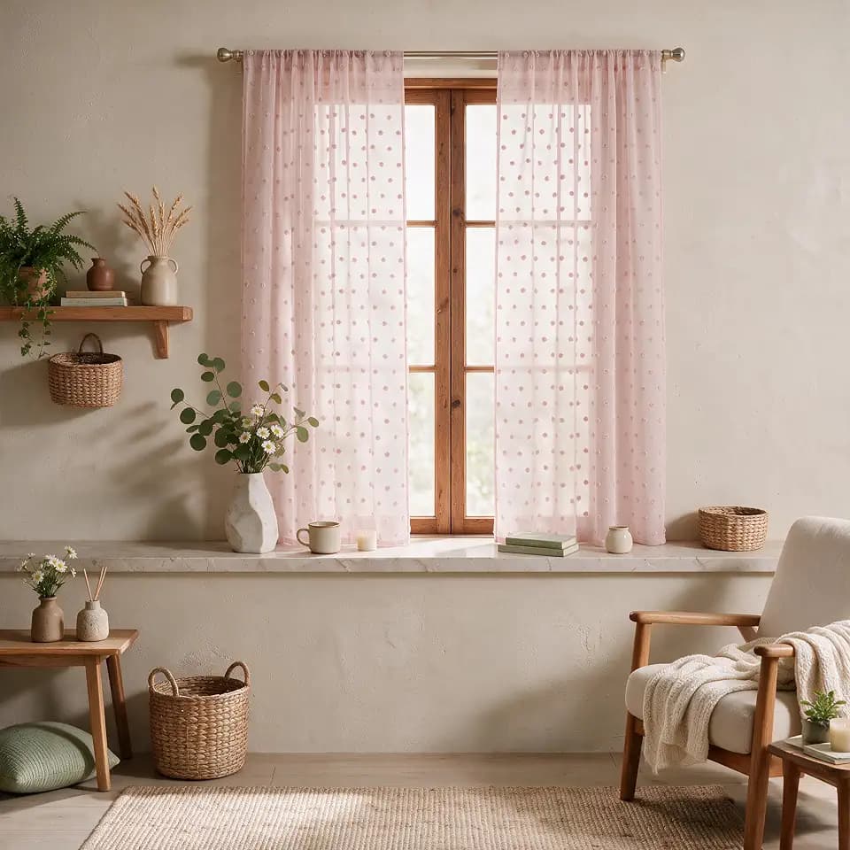 Horaldaily 2Pcs Pink Sheer Curtains 52x63in, Pink Pom Pom, Boho
