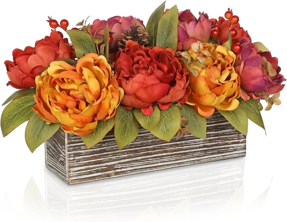 Fall Peonies Artificial Flowers Arrangements In Rustic Wooden Box Planter