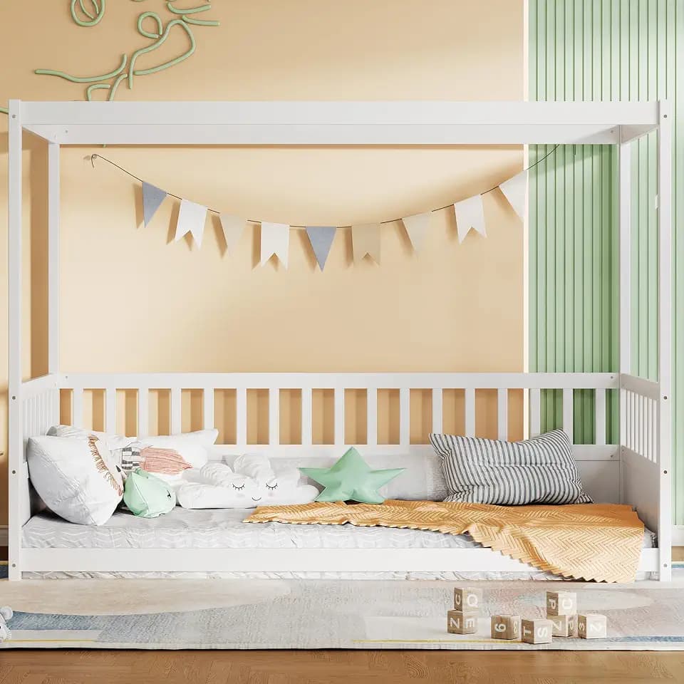 Twin Size Canopy Bed Frame with 4 Posters and Guardrails, Twin Size Montessori Floor Bed with High Fence, White Montessori Bed Twin Size