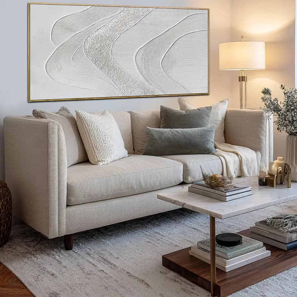 White Neutral Abstract Wall Art Framed Decor Living Room 24x48