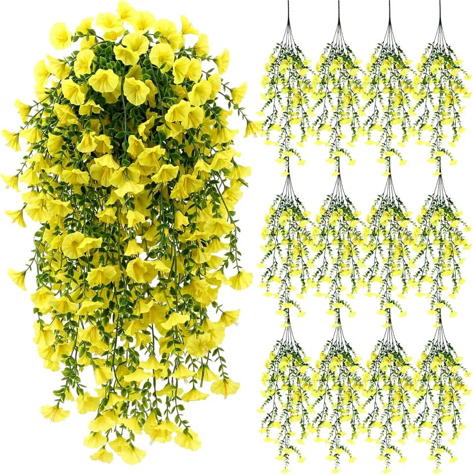 12 Pcs Hanging Morning Glory Artificial Flowers UV Resistant Faux Cascading Plants Outdoor Fake Morning Glories for Planters, Garden Wedding Patio Porch Yard Home Decor(Yellow)