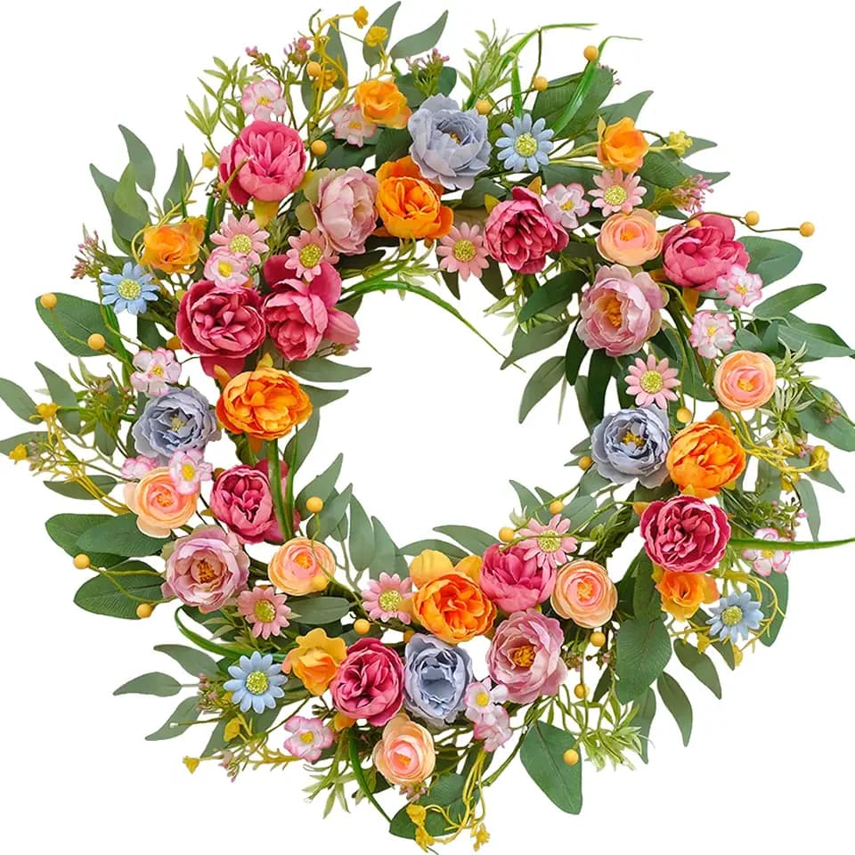 24 Inch Spring Summer Penoy Wreath for Front Door, Colorful Wildflowers Floral Eucalyptus Wreath for Indoor Outdoor, All Seasons Everyday Wreaths for Front Door Outside