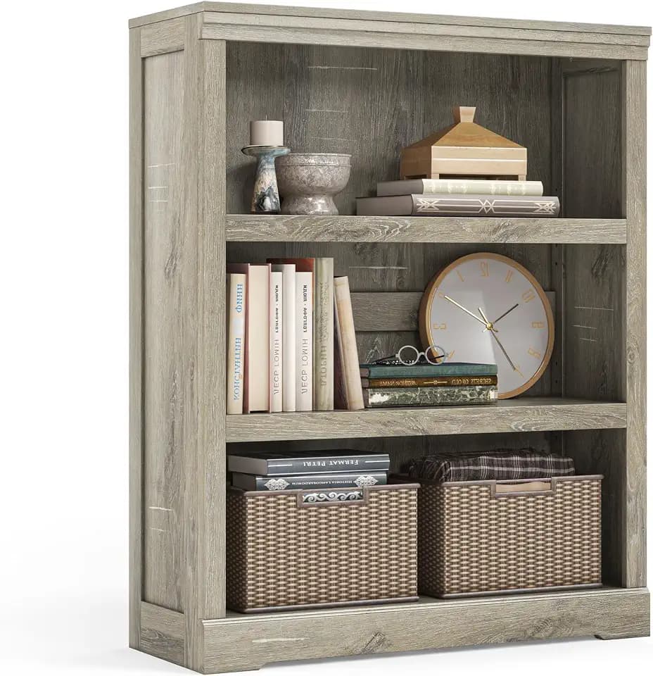 LINSY HOME 3-Tier Bookshelf, Small Wood Display Storage Shelves Farmhouse Bookshelf for Home Office, Living Room, Bed Room - Washed Grey