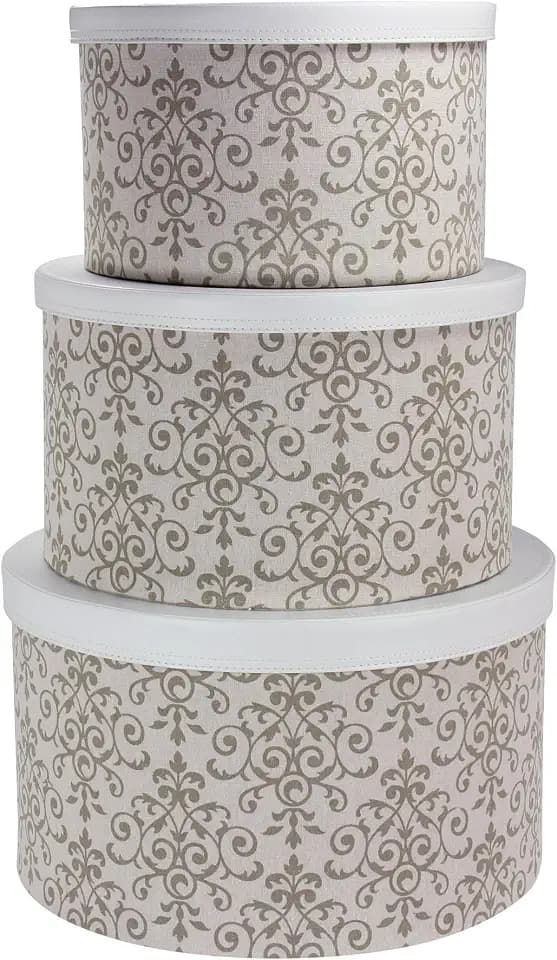 Household Essentials 3-Piece Round Hat Boxes with Lids with Vibrant Scallop Print with Faux Leather Lids, Olive and Cream